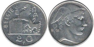 pièce Belgique 20 francs 1951