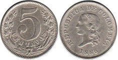 coin Colombia 5 centavos 1886
