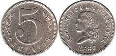 coin Colombia 5 centavos 1886