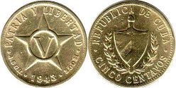 moneda Cuba 5 centavos 1943