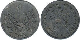 coin Bohemia & Moravia 1 koruna 1942 WW2