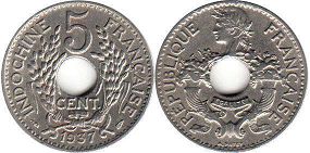 piece Française Indochina 5 cents 1937