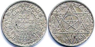 piece Morocco 200 francs 1953