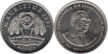 coin Mauritius 5 rupees 1991