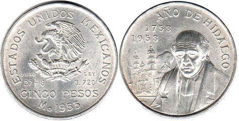 moneda Mexico 5 pesos 1953 Miguel Hidalgo