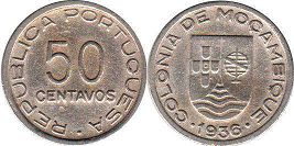piece Mozambique 50 centavos 1936