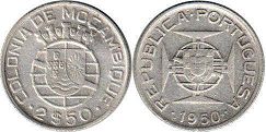 piece Mozambique 2 1/2 escudos 1950