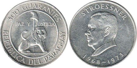 coin Paraguay 300 guaranies 1968