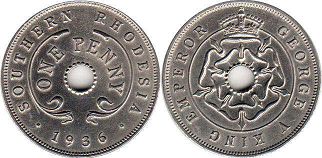 coin Rhodesia 1 penny 1936
