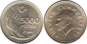 moneda Turkey 5000 lira 1992