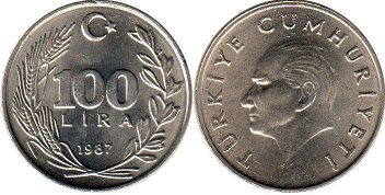 moneda Turkey 100 lira 1987