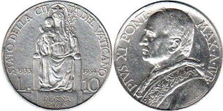 moneta Vatican 10 lira 1933-1934