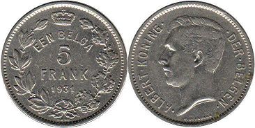 pièce Belgique 5 francs 1931