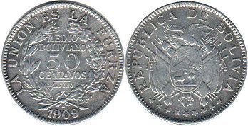moneda Bolivia 50 centavos 1909