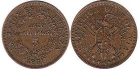 coin Bolivia 5 bolivianos 1951