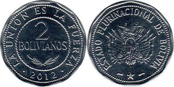 moneda Bolivia 2 bolivianos 2012