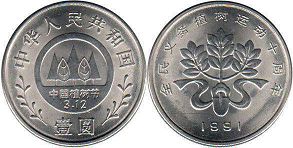 pièce chinese 1 yuan 1991 Planting trees Festival