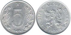 mince Czechoslovakia 5 haleru 1954