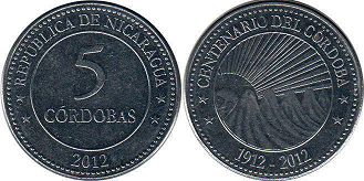 moneda Nicaragua 5 cordobas 2012 50 aniversario de cordoba