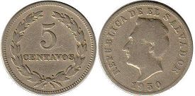 moneda Salvador 5 centavos 1950