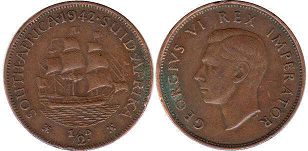 old coin South Africa 1/2 penny 1942