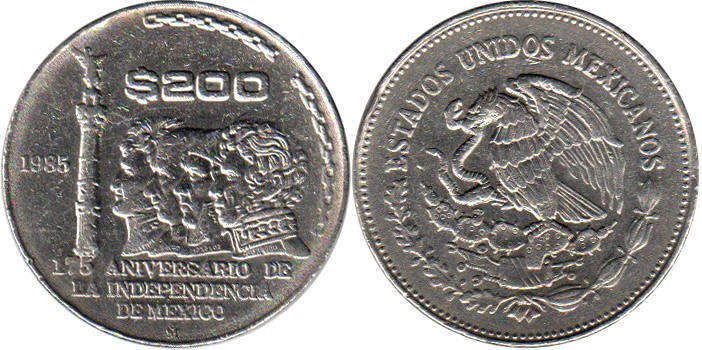 Mexican coin 200 pesos 1985 Independencia