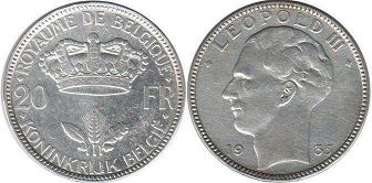 pièce Belgique 20 francs 1935