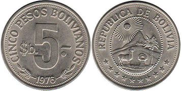 coin Bolivia 5 pesos 1976