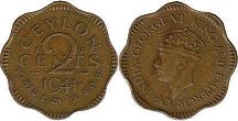 coin Ceylon 2 cents 1944