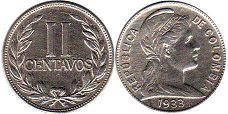 moneda Colombia 2 centavos 1938 antigua