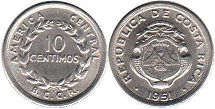 moneda Costa Rica 10 centimos 1951