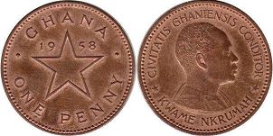 coin Ghana 1 one 1 penny 1958