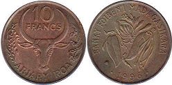 coin Madagascar 10 francs 1996