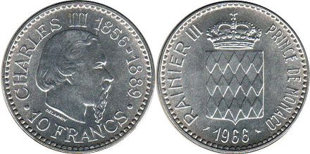 piece Monaco 10 francs 1966