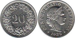 Münze Schweiz 20 rappen 1929