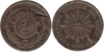 moneda Uruguay 2 centesimos 1869