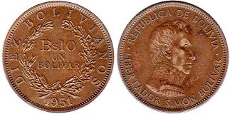 coin Bolivia 1 bolivar 1951