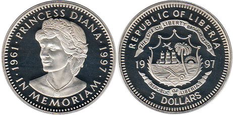 coin Liberia 5 dollars 1997