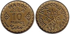 coin Morocco 10 francs 1952