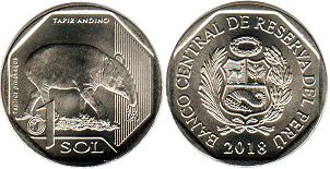 moneda Peru 1 sol 2018 Tapir de montaña