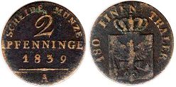 Münze Preußen 2 Pfennig 1839