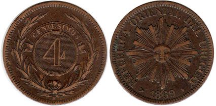 moneda Uruguay 4 centesimos 1869
