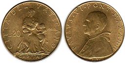 moneta Vatican 20 lira 1964