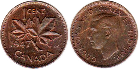 coin canadian old coin 1 cent 1947