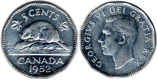 coin canadian old coin 5 cents 1952