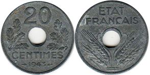 moneda Francia 20 céntimos 1943