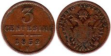 moneta Lombardy-Venice 3 centesimi 1852
