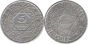coin Morocco 5 francs 1933