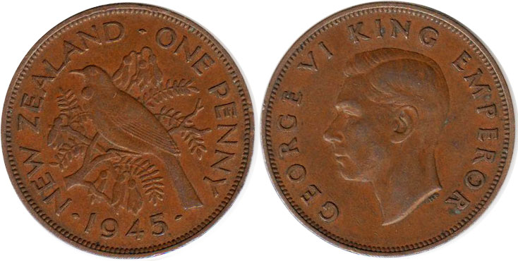 coin New Zealand 1 penny 1945