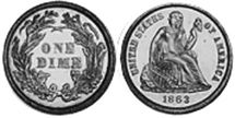 viejo Estados Unidos moneda 10 centavos 1863